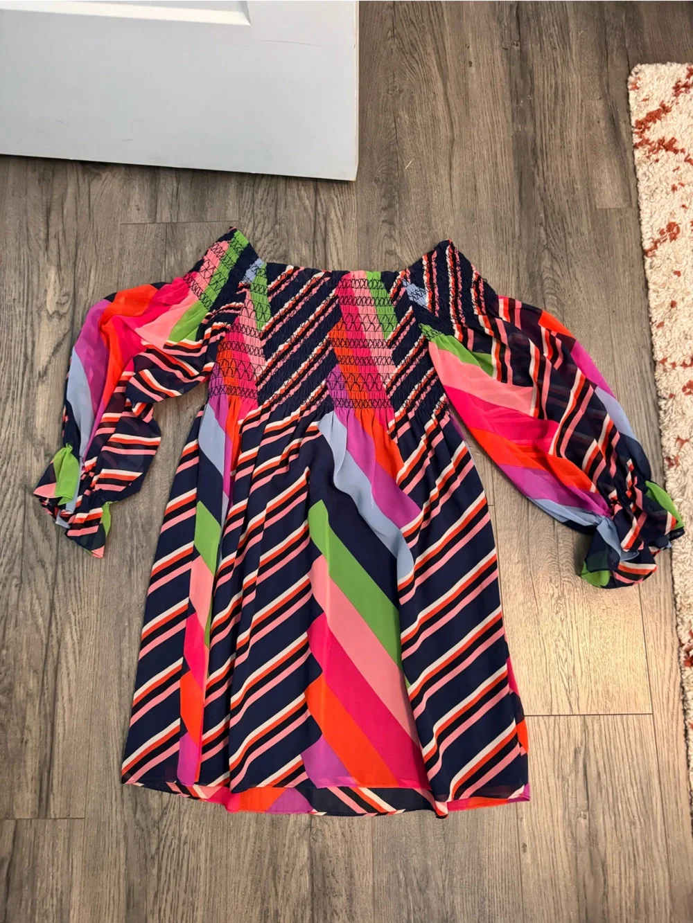 Trina Turk Multicolor Off Shoulder Smocked Mini Dress Size M